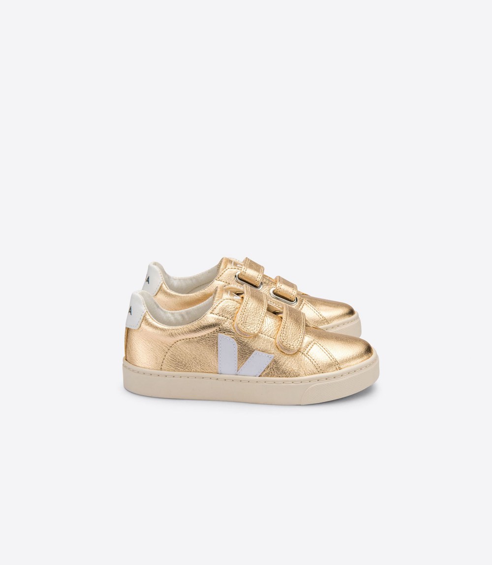 Veja Sneakers Barn - Esplar Velcro Chromefree Läder - Guld/Vita - 621098-BPU